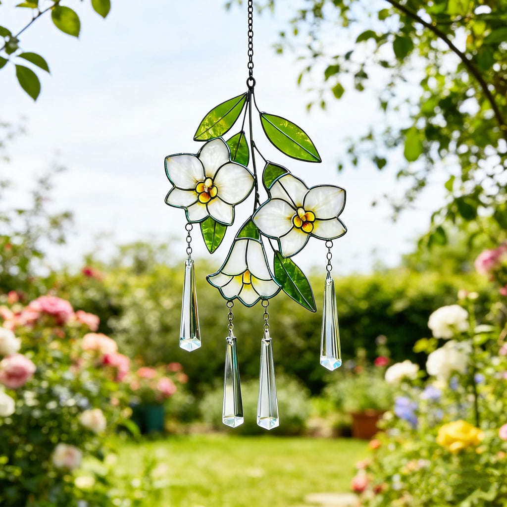 Stained Glass Plumeria Flower Suncatcher, Window Decor with Crystal Prisms