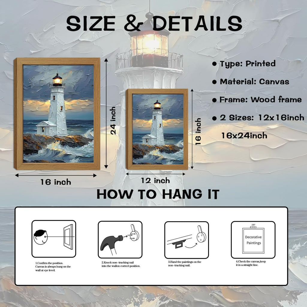 Blue Ocean Island Lighthouse Wall Art, 24x16inch Wood Framed