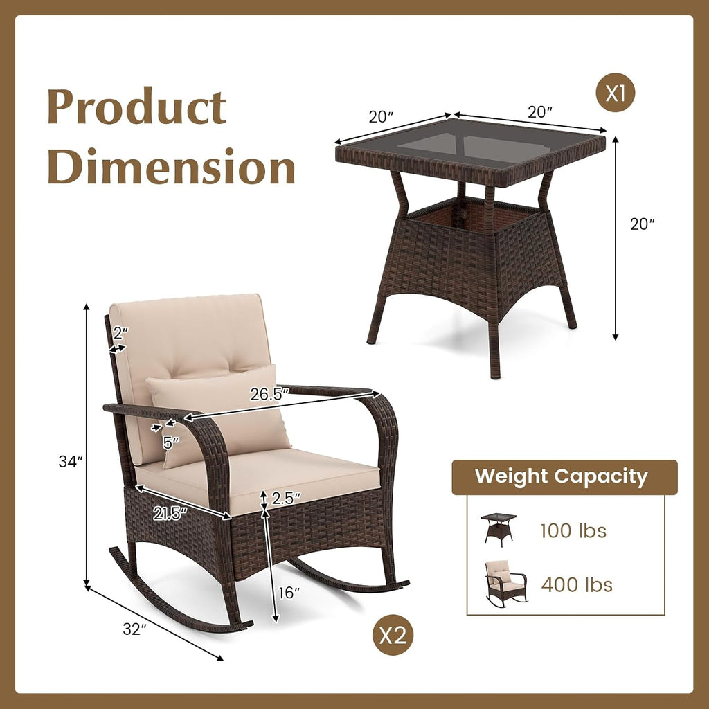 Outdoor Rocking Chairs Set of 2, 3 Piece PE Wicker Patio Bistro Set | Coffee Table & Thick Cushions, Rattan Patio