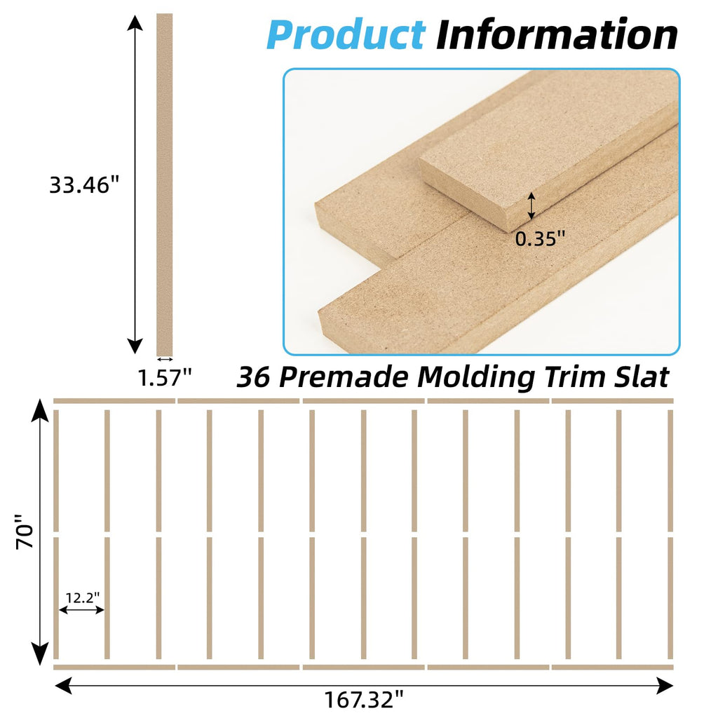 Premade Paintable Board and Batten Wainscoting Kit, 167.32 x 70.08 in