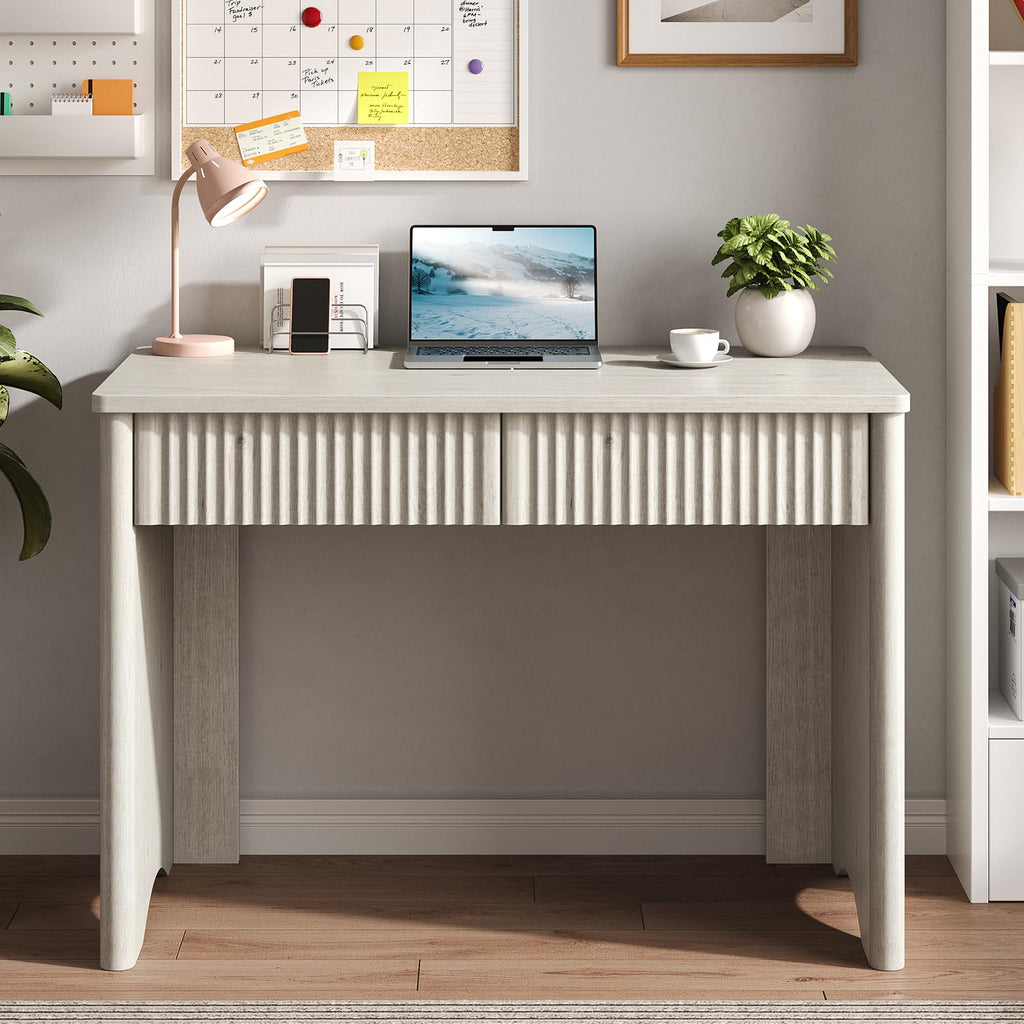 White Oak 40 Inch Fluted Home Office Desk with 2 Drawers for Study