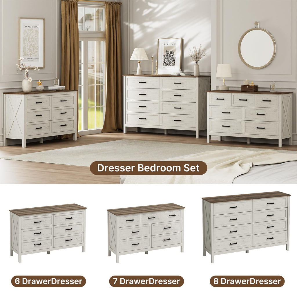 Farmhouse 8 Drawer, 55 Inch Wide Wood Rustic Chest of Drawers with X-Marking & Bar Handle, Large Storage Dressers