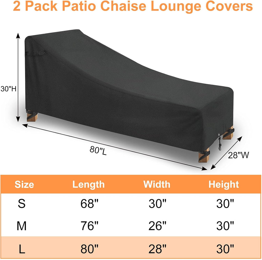 Waterproof Outdoor Chaise Lounge Covers Furniture 2 Pack,600 D Durable Lounge Chair Cover with Tape Sealed Seam, 80L
