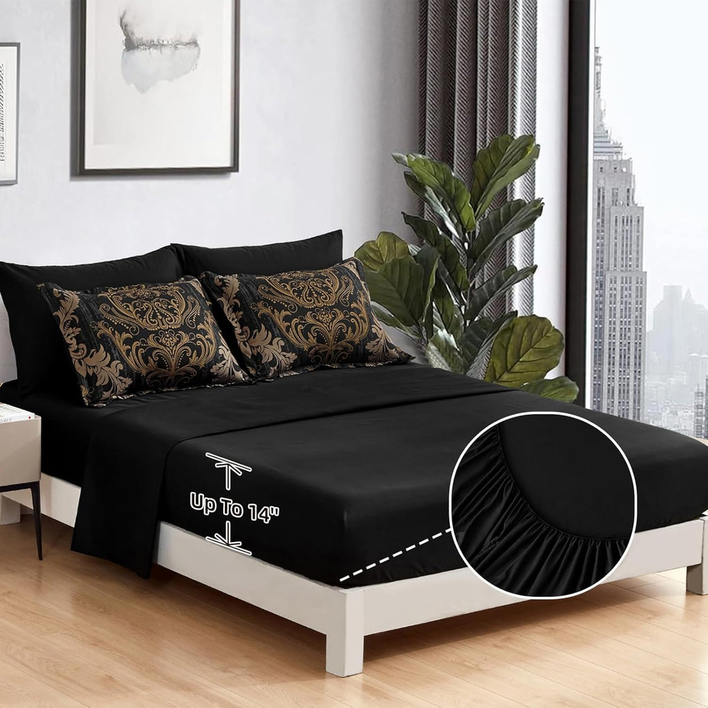 Black Comforter Set Queen, Gold Damask Texture 7 Pieces Bed in a Bag Microfiber Comforter Bedding Sets -1 Comforter