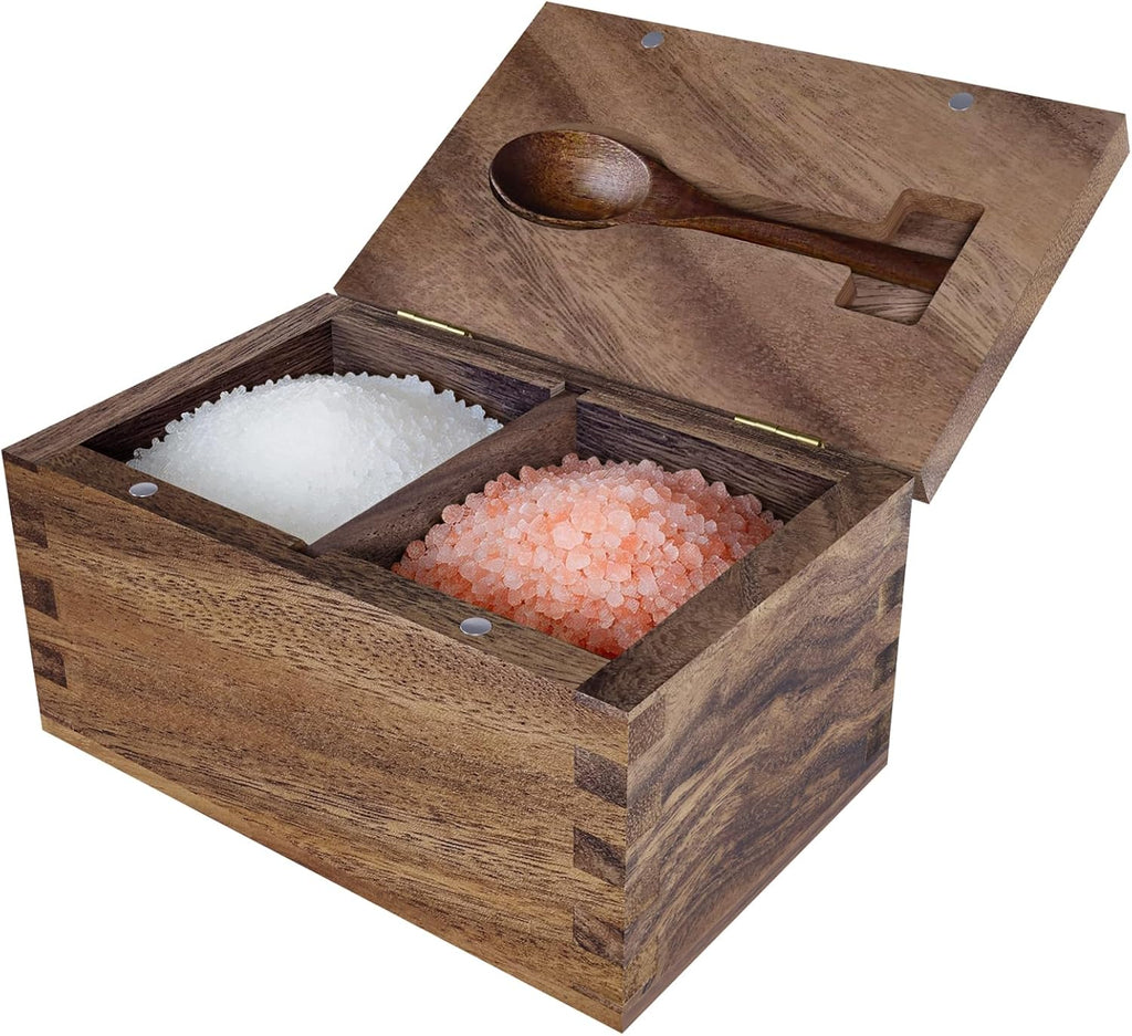 Salt Cellar with Lid & Spoon, Acacia Wood Salt Container, Salt Holder