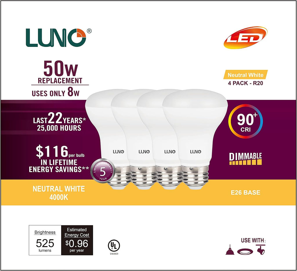R20 Dimmable LED Bulb, CRI 90+, 8W (50W Equivalent), 525 Lumens, 4000K (Neutral White), Medium Base (E26), UL &
