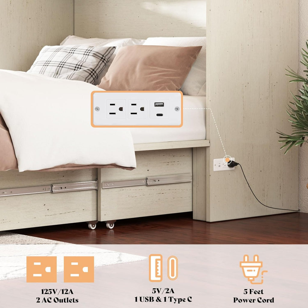 Queen Murphy Bed with Storage & Charging Station, Farmhouse Murphy Cabinet with Foldable Panel, Noisy Free, for Guest