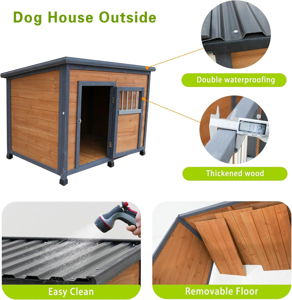 45" Large Wooden Dog House for Large Dogs, Outdoor Weatherproof Dog Kennel with PVC Roof, Lockable Breathable Wooden