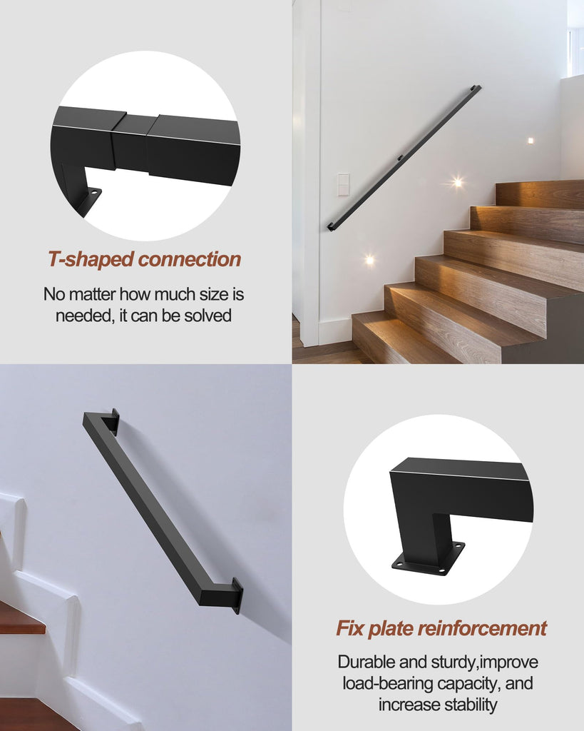 13FT Square Tube Black Black Handrail for Indoor Stair