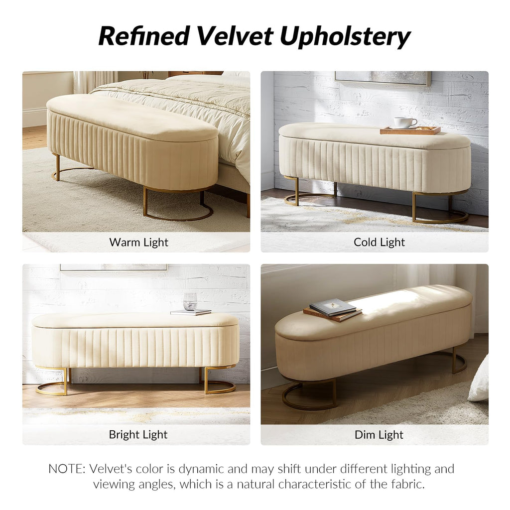 50.5" Velvet Storage Ottoman Bench with Gold-Toned Legs, Luxury Upholstered End of Bed Multi-Functional Footrest &