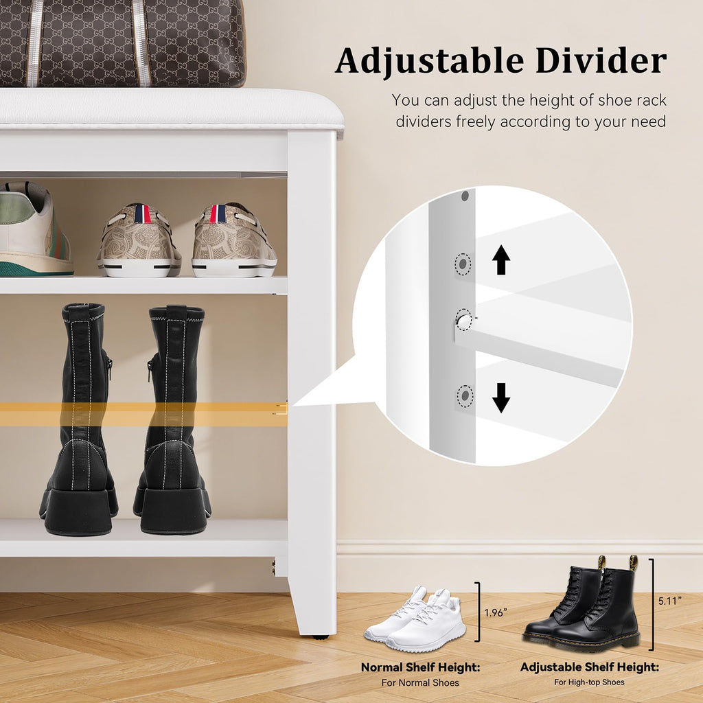 Shoe Rack Bench with 3 Tier Adjustable Shelves Rubberwood Entryway