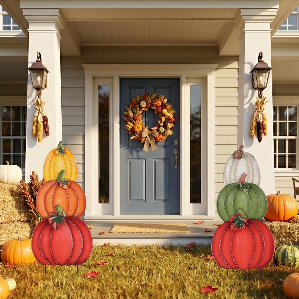 Fall Decorations Outdoor, 34" 2PCS Decorative Garden Stakes with 6 Pumpkins for Fall Decor, Metal Yard Signs Outside