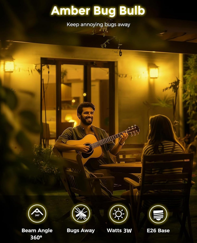 8 Pack 3W A19 LED Bug Light Bulbs Yellow LED Bulb Outdoor Bug Light Bulb 25W Equivalent 2000K Amber Bedroom Night