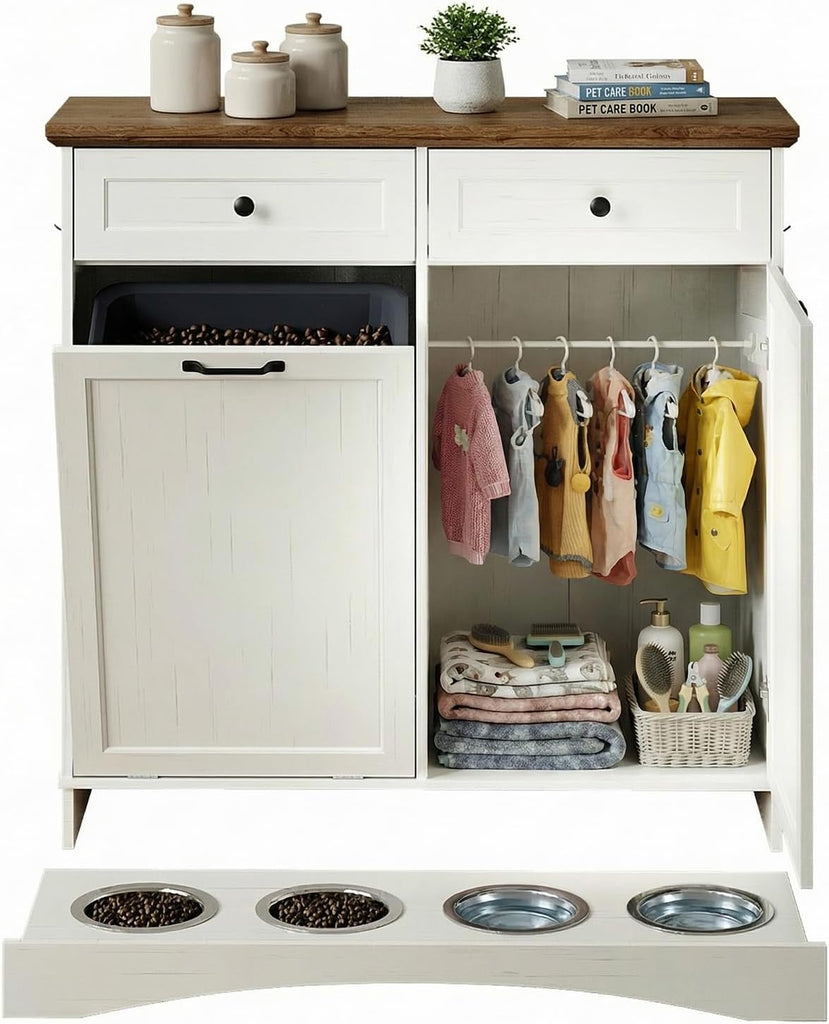Pet Feeding Station with 4 Bowls, Dual Doors dog cabinet storage