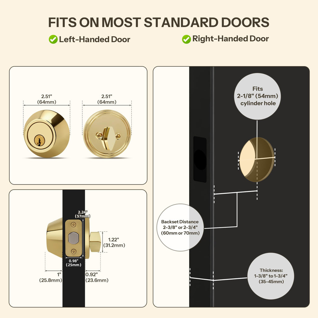 Round Design Single Cylinder Deadbolt with Keys, Exterior Keyed Dead Bolt Lock for Front Entrance Door Security