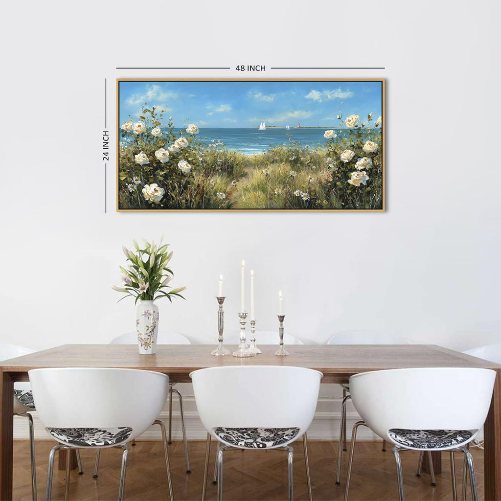 Vintage Coastal Wall Art Beach Wildflowers Canvas Prints Blue Ocean White Flowers Pictures Seascape Sailboat Painting