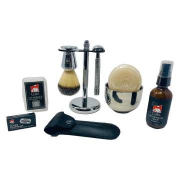 Shaving Gift Set, Long Handle Double Edge Safety Razor, Alum Aftershave Block, Chrome Bowl with Natural Shave Soap
