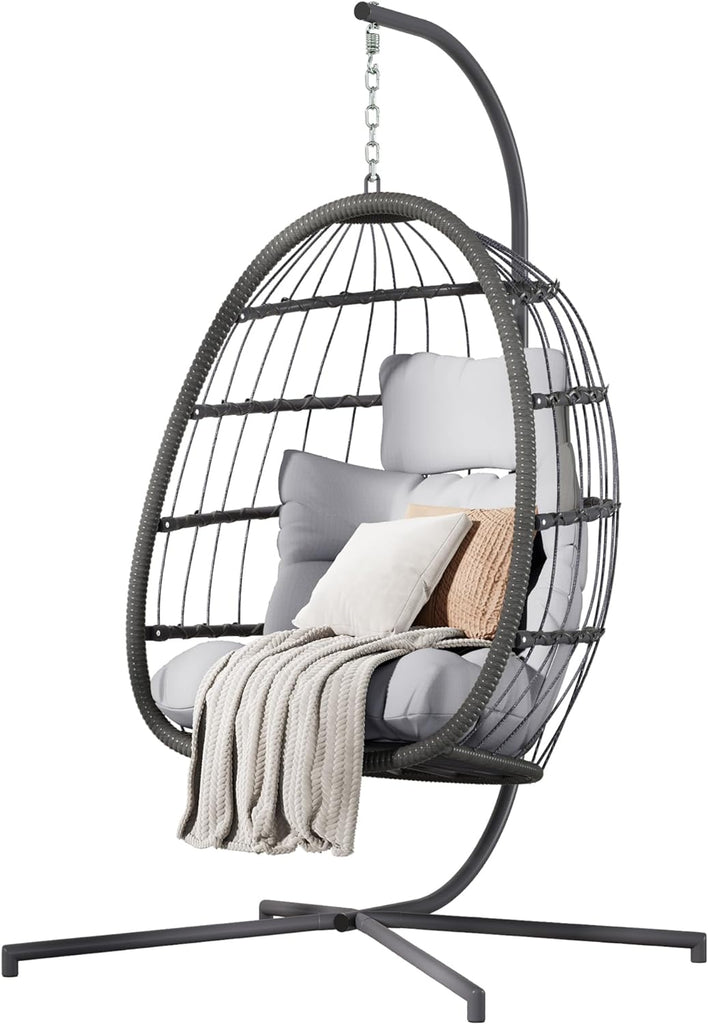 Hanging Egg Chair with Stand, Patio Wicker Egg Swing Chair with Cushion Garden Indoor Outdoor (Grey) | Patio Wicker