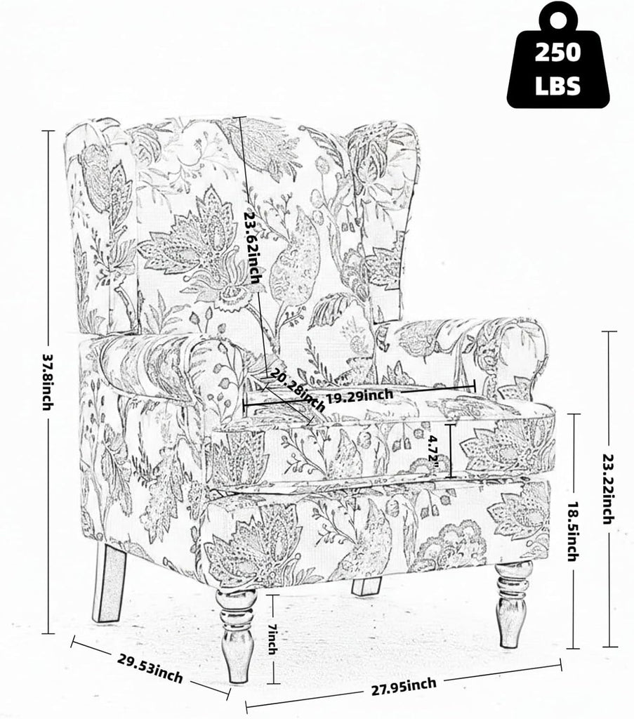Mid Century Wingback Accent Chairs Set of 2 Blue Floral | Retro Wooden Legs Modern Linen Upholstered Armchair Floral