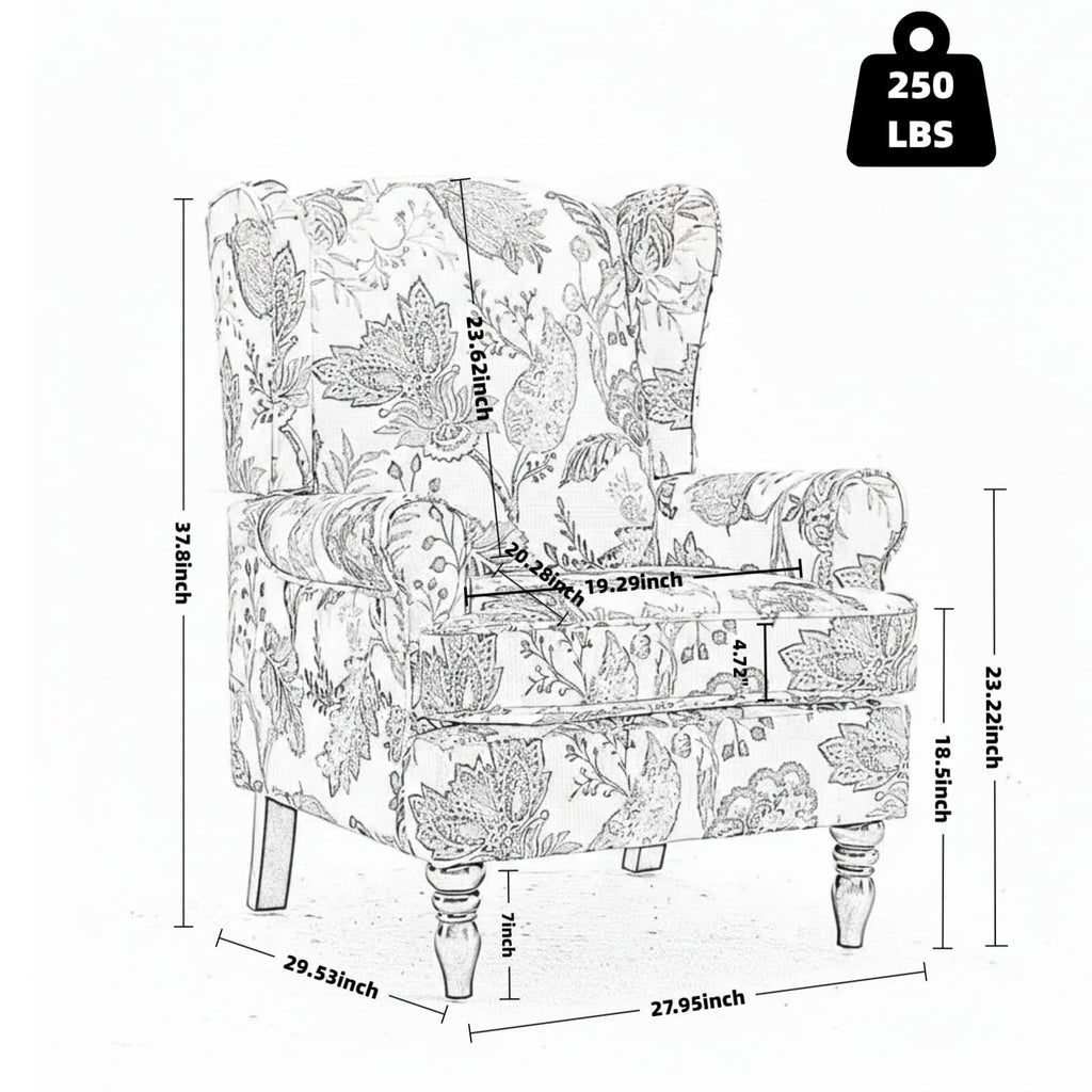 Mid Century Wingback Chair with Retro Wooden Legs Floral Yellow
