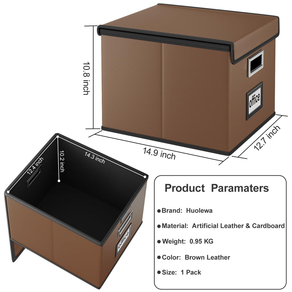 Foldable File Organizer Box with Lids (Brown, Leather)