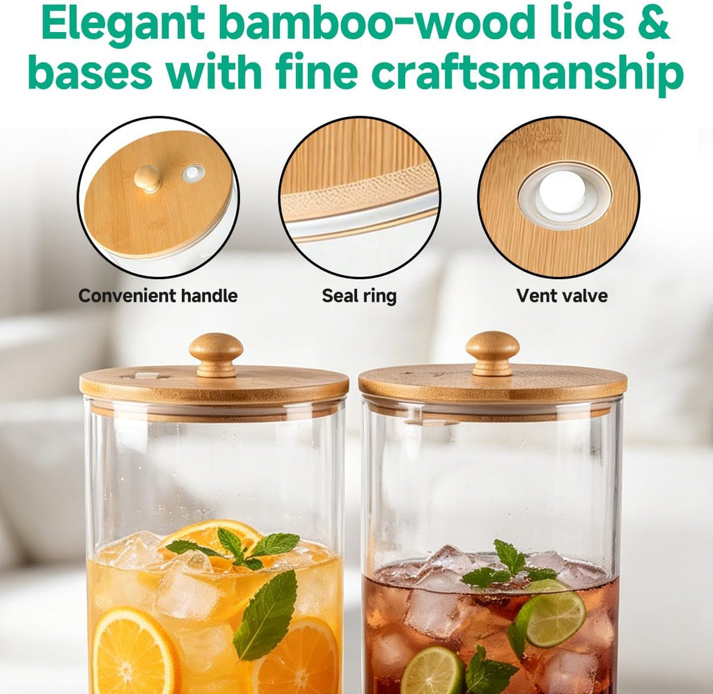 Gallon (4 gallon) Beverage Dispenser With Bamboo Wood Stand,Large Glass Drink Dispenser for Parties,Large - Set of 2