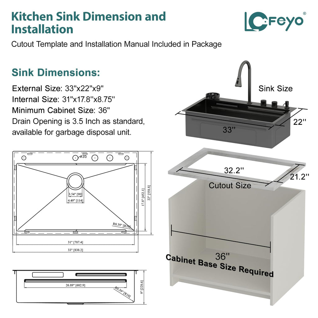 33 inch Waterfall Drop Sink Workstation with Faucet - 33x22 Black 16 Gauge Stainless Steel, Topmount Single Bowl