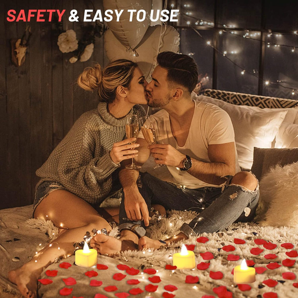 Artificial Rose Petals with 24 LED Tea Lights Candles, Romantic Decorations Special Night Set for Night - Set of 24