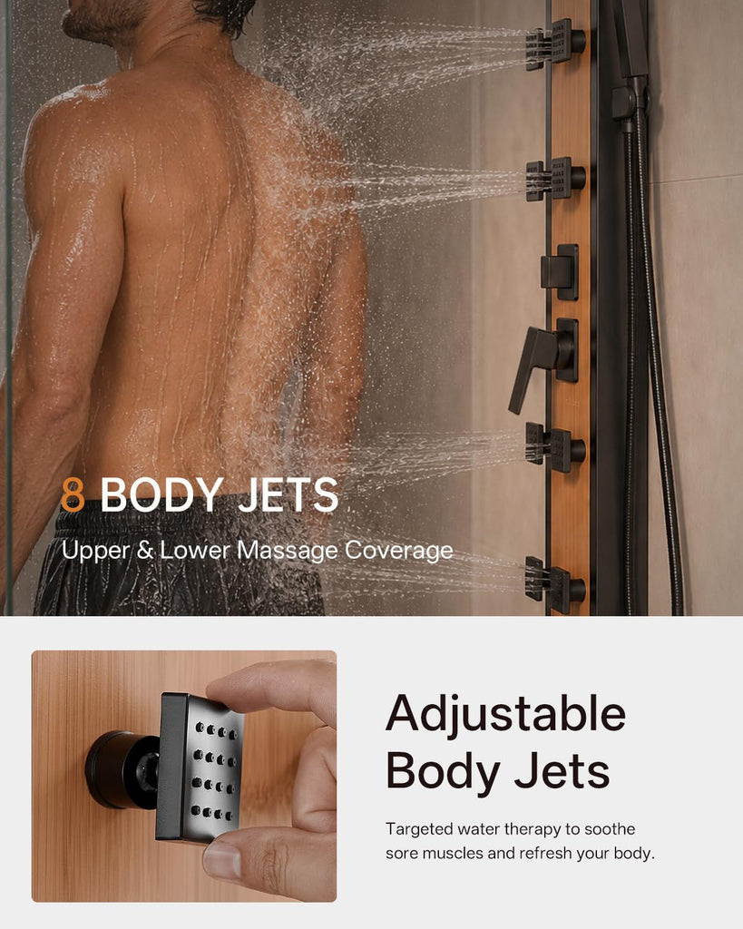 Stainless Steel Shower Panel Tower System Black and Bamboo 8 Jets