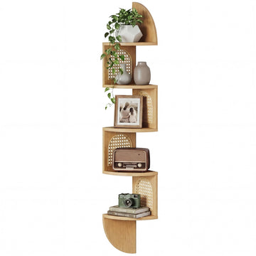 5-Tier Floating Corner Shelves for Wall, Zigzag Corner Shelf Unit, PVC Rattan Sides, Space-Saving, Boho Style, Oak