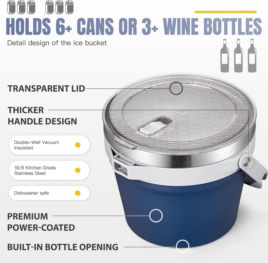 7L Vacuum Insulated Ice Bucket with Lid and Scoop& Tongs,Large capacity Stainless Steel Beverage Bucket for Cocktail