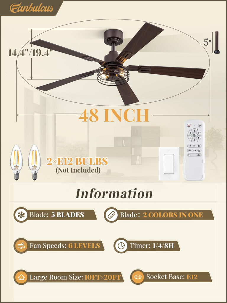 48 Inch Farmhouse Rustic Ceiling Fan with Light & Remote, 2 Pack