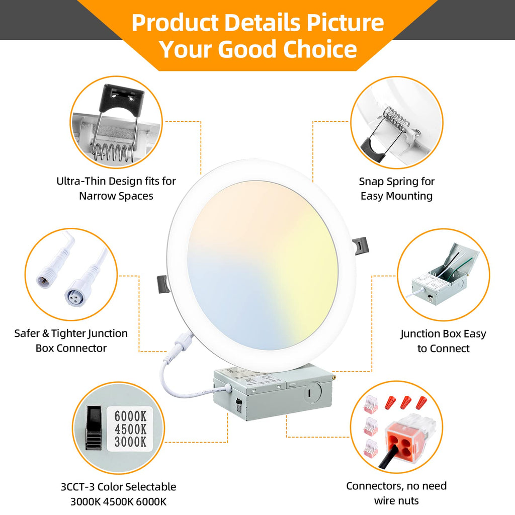 8 Inch LED Recessed Lighting with Junction Box Ultra-Thin, 3000K/4500K/6000K Selectable, 8" Dimmable Canless LED