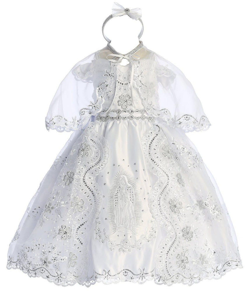 Virgin Mary Embroidery Cold Shoulder Rhinestones Wedding Baby Infant Girl Baptism Christening Dress (TR43K3) White 1