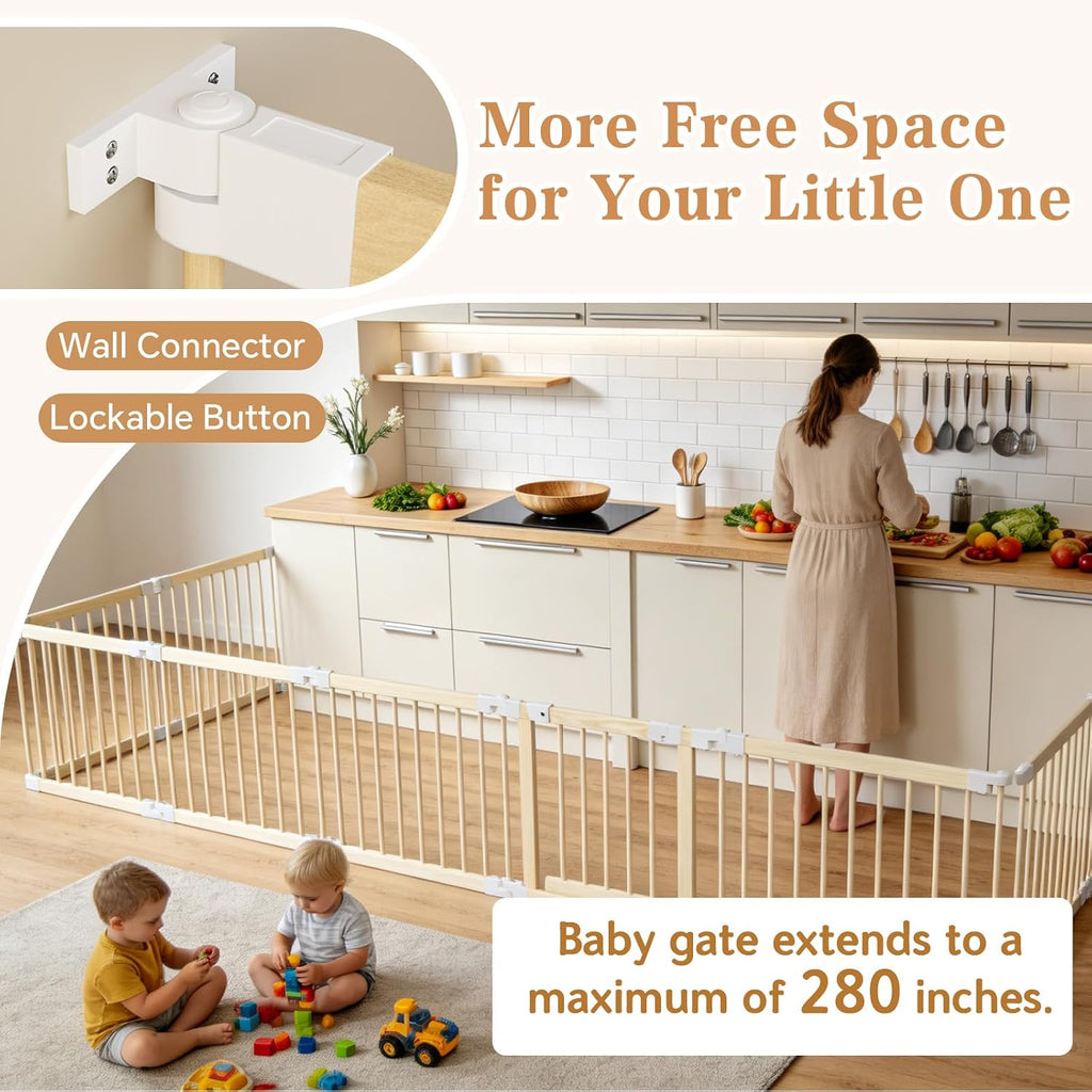 Baby Playpen, Wooden Play Yard with Gate, Playpen for Babies and Toddlers, Baby Activity Center with Child-Proof