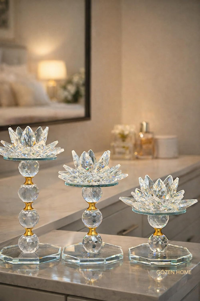 Quality Crystal Lotus Flower Candle Holder Set Gold Accents 3 Piece Glass - Gold
