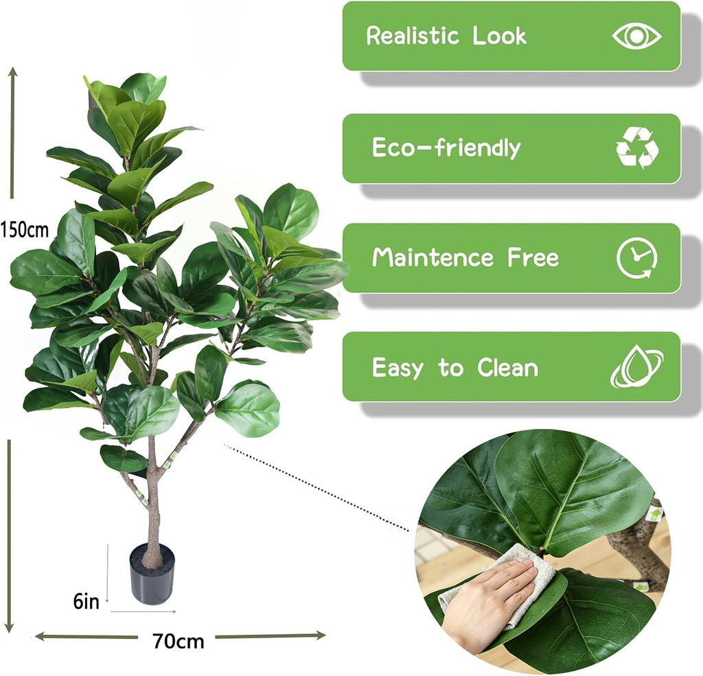 5ft Artificial Fiddle Leaf Fig Tree,Lifelike Indoor Faux Plant with Adjustable Branches,Easy Assembly,and Low