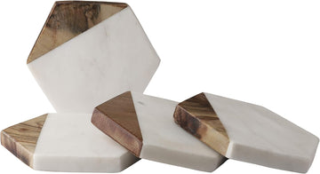Marble & Mango Wood Coasters Handcrafted Geometric White Marble Coasters for Drinks, Wine Glasses - Set of 4