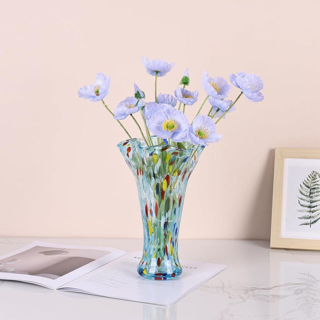 Hand Blown Glass Vase for Flowers, Murano Style Fluted Art Aqua Glass Vase, Wide Mouth Colorful Decorative Vase