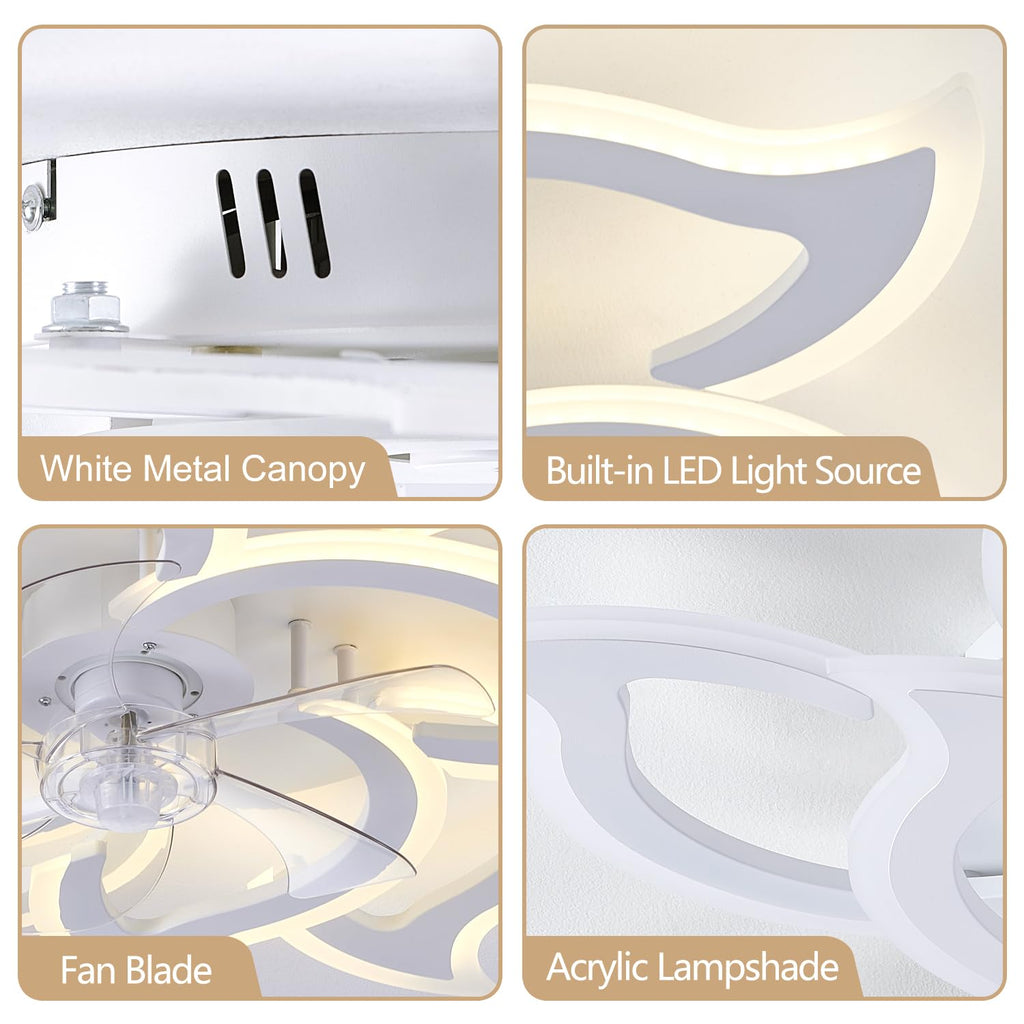 38" White Geometric Ceiling Fan with Light Remote Control, 3 Light Color 6 Speeds LED Flower Flush Mount Low Profile