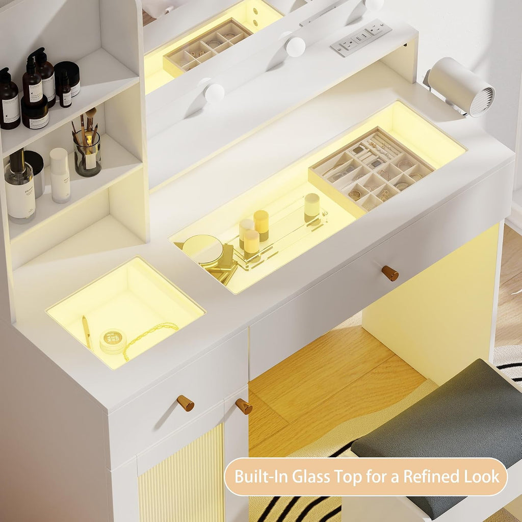 White Makeup Vanity Desk: 40" Vanity Desk with Mirror and Lights and Chair, Modern Makeup Table with Glass Top, 4