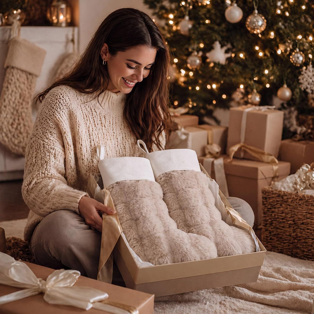 16.5" Faux Fur Christmas Stockings Beige Quilted Stockings - Set of 2
