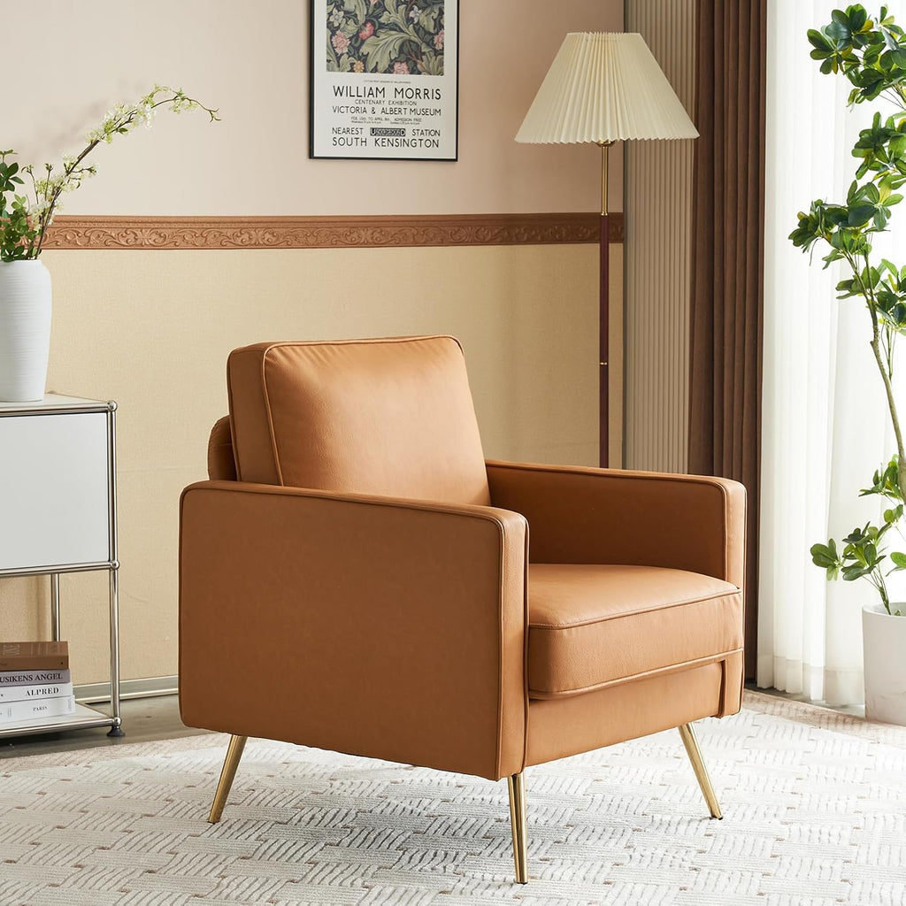 PU Leather Accent Chair Brown Mid Century Modern Upholstered Sofa Chairs with Arms, Gold Legs