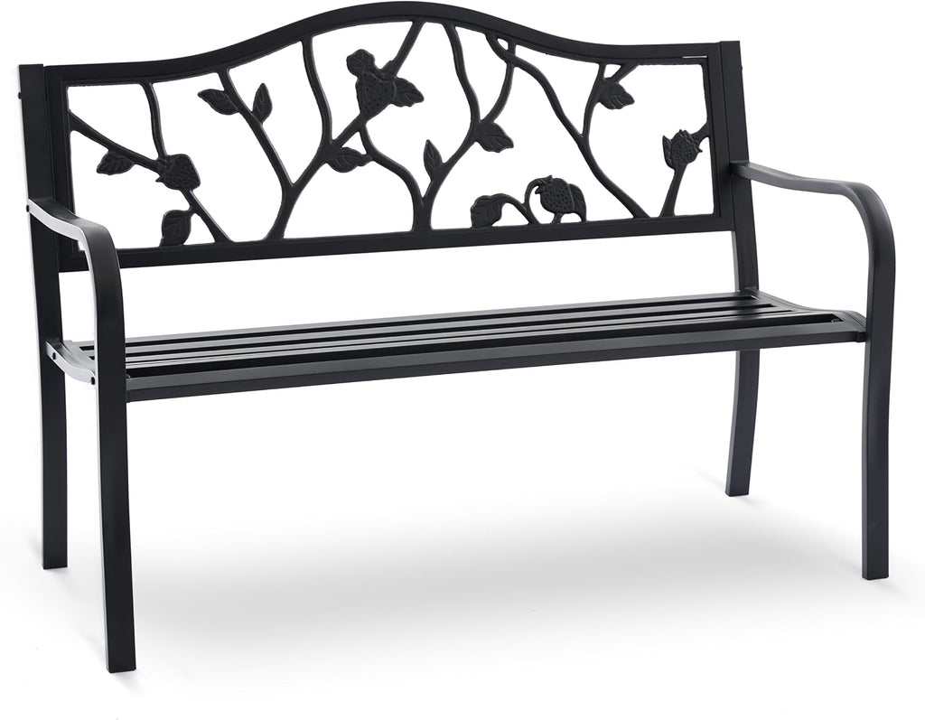 50" Strawberry Outdoor Garden Bench, Weatherproof Sturdy Cast Iron Metal Frame Patio Park Bench for Porch Yard Lawn