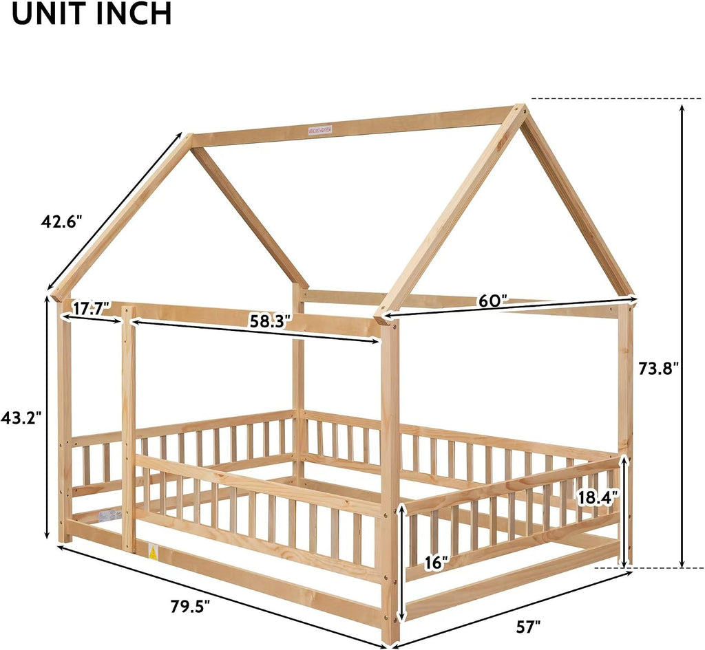 Toddler Floor Bed with Roof and Fence, Natural