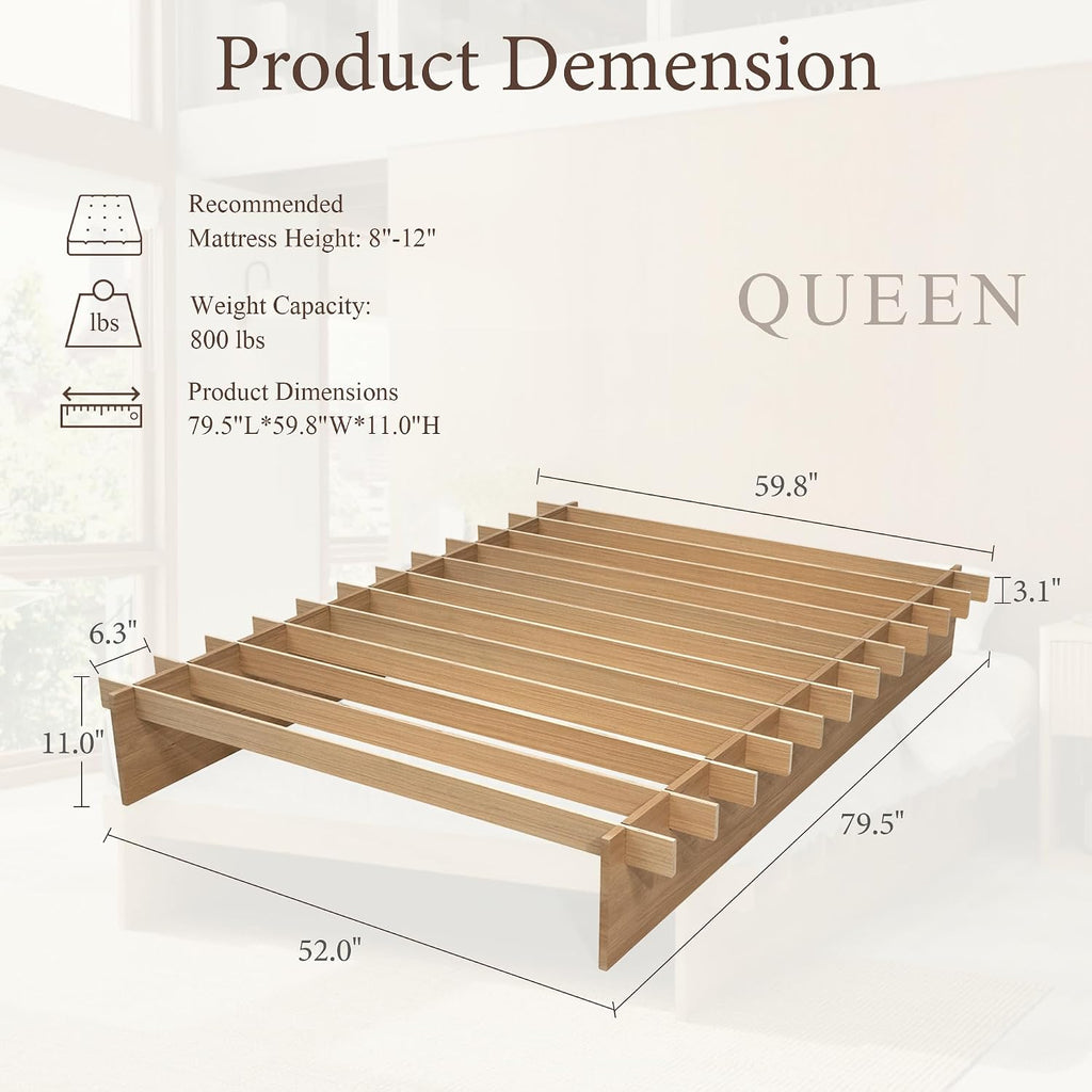 Japanese Platform Bed Frame with Wooden Slats, Easy Assembly