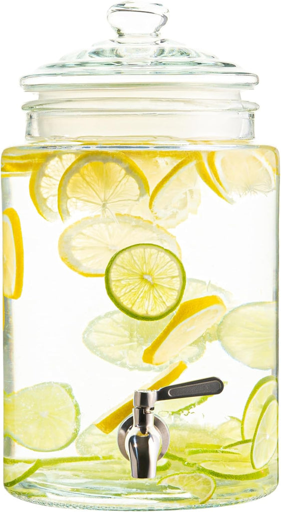 Large Glass Drink Dispenser with Spout - 1.5 Gallon Tall Mason Jar Style Beverage Server with Airtight Lid & Metal