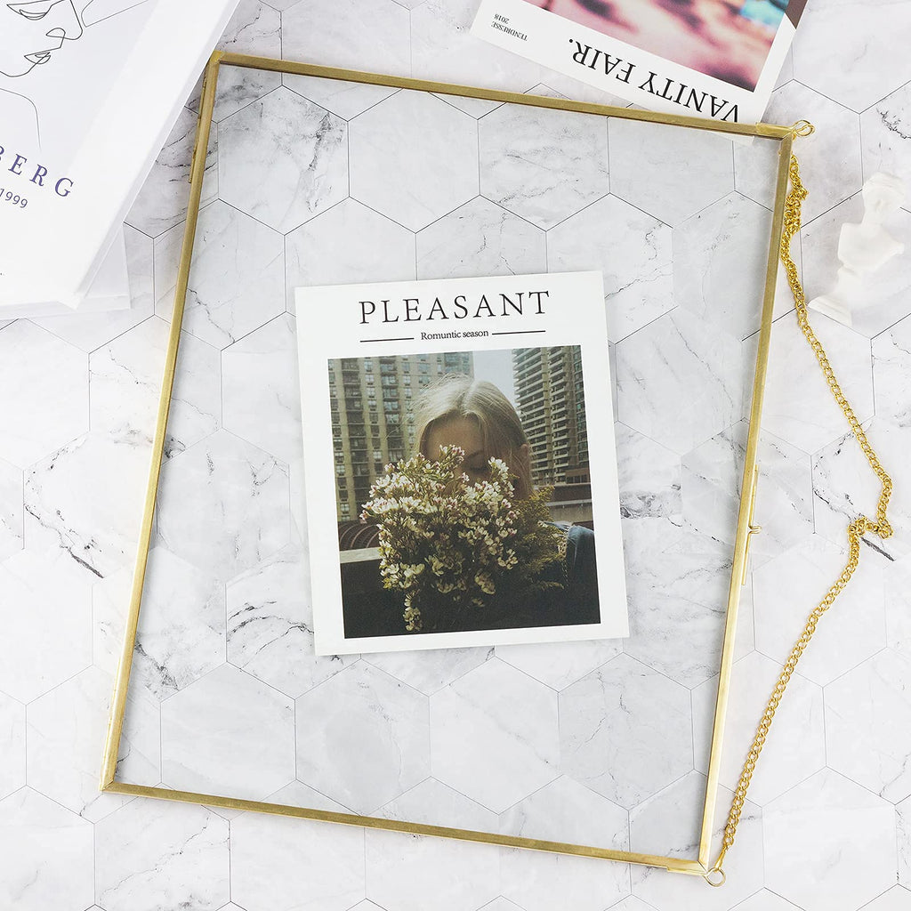 11x14 Inch Pressed Flowers Glass Picture Frames for Artwork Certificate, Horizontal Gold Brass Double Glass Clip