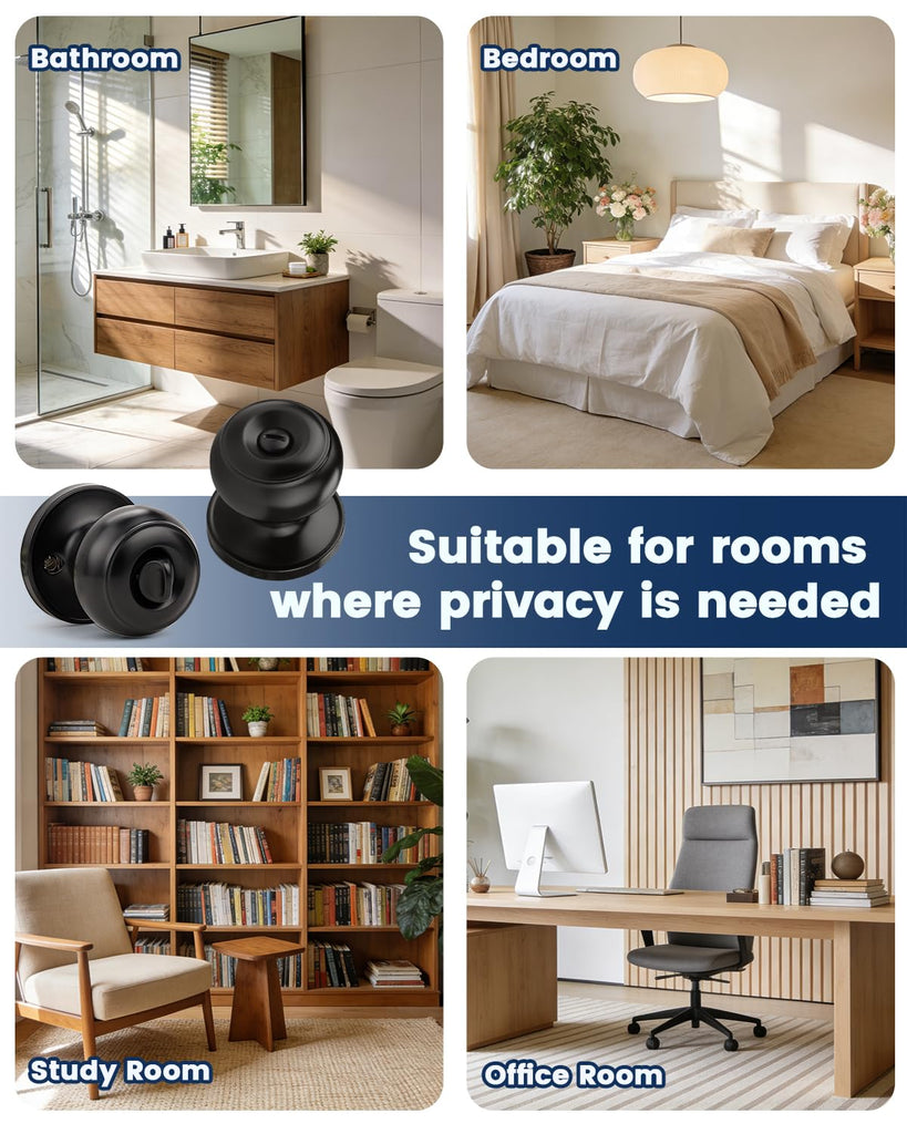 10 Pack Matte Black Privacy Door Knobs Interior, Classic Round Shape Bedroom Doorknobs with Lock, Keyless Modern