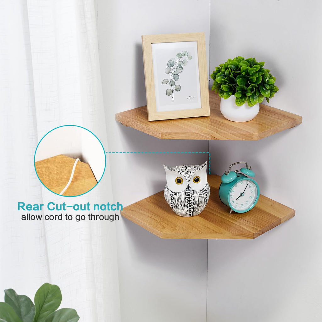 Corner Wall Shelves Set 2 Wire Hole Solid Oak Wood Display Shelf, Natural